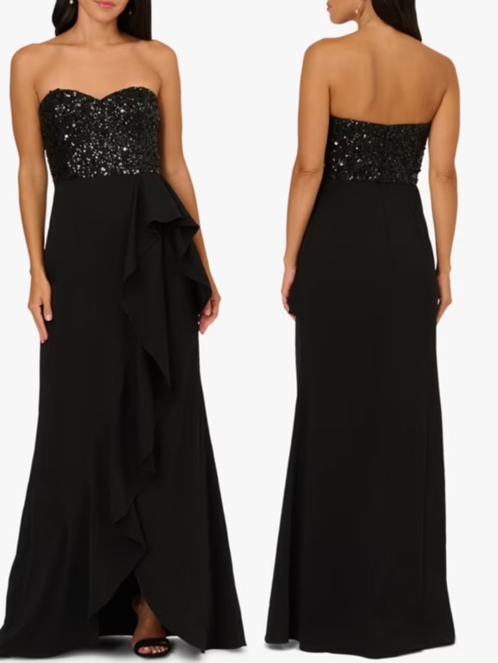 NEW Adrianna Papell BLACK Strapless SEQUIN BEADED Ruffle EVENING Dress GOWN US 4